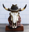 Western Cowboy Horned Cow Skull with Hat and Bandana Scarf Desktop Figurine