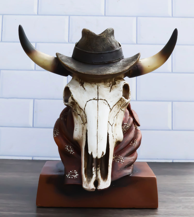 Western Cowboy Horned Cow Skull with Hat and Bandana Scarf Desktop Figurine