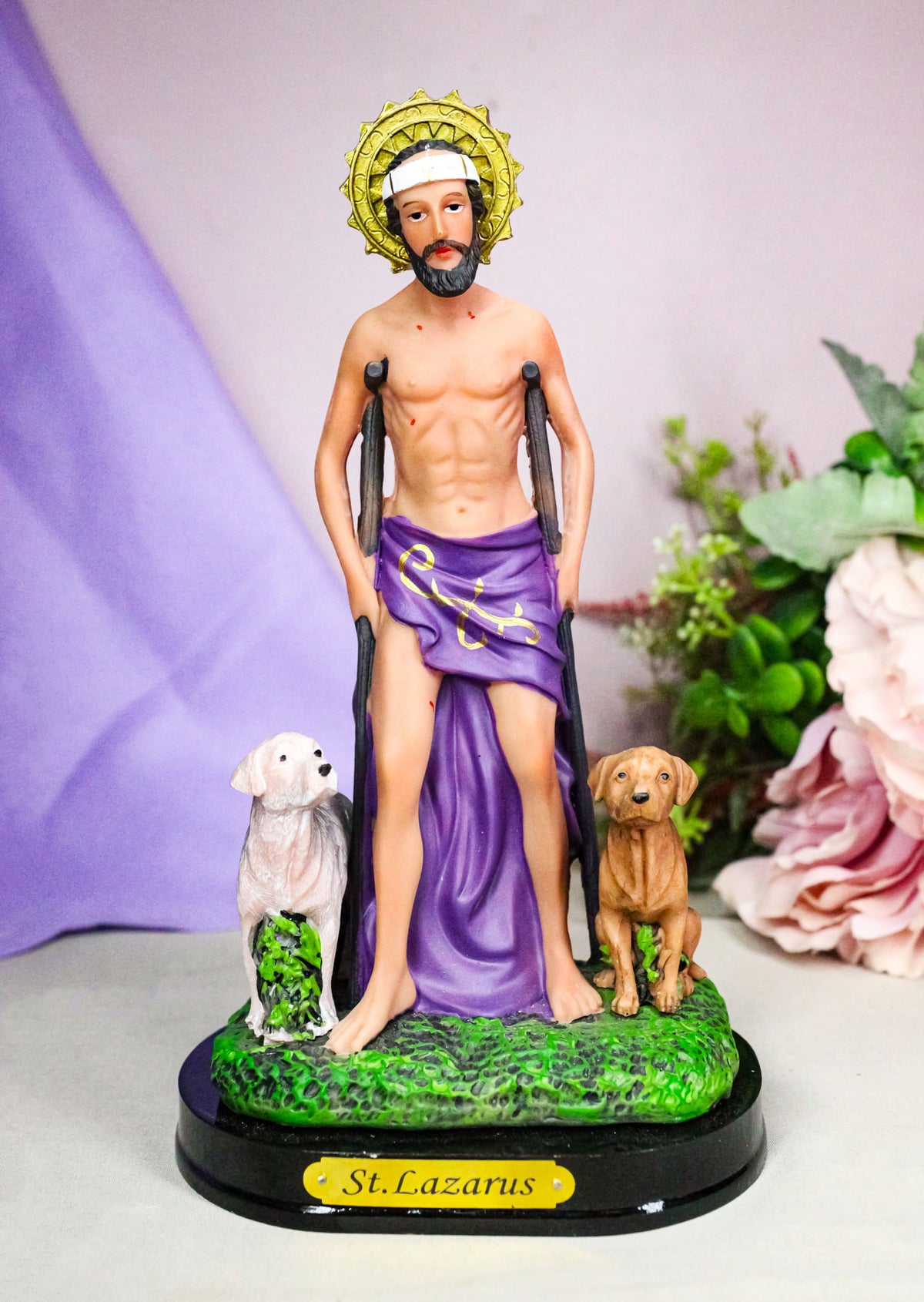 Catholic Saint Lazarus with Dogs and Sun Border Medal Figurine With Base 8"H