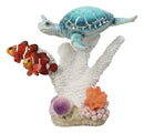 Blue Sea Turtle Swimming with 2 Clownfishes By LED Coral Reef Anemone Figurine