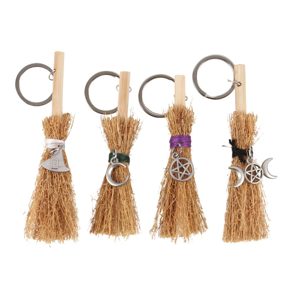 Triple Moon Pentagram Broomsticks Keyrings Key Chains Set Of 24 With MDF Display