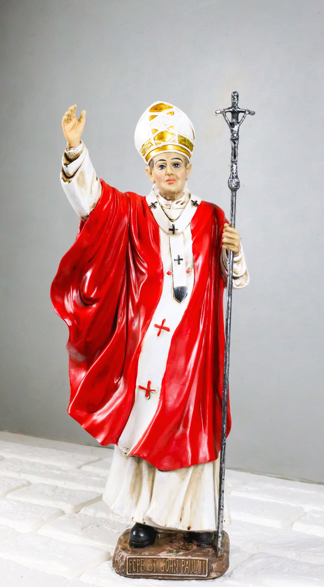 Venerable Pontiff Pope Saint John Paul II Holding Papal Ferula Crucifix Figurine