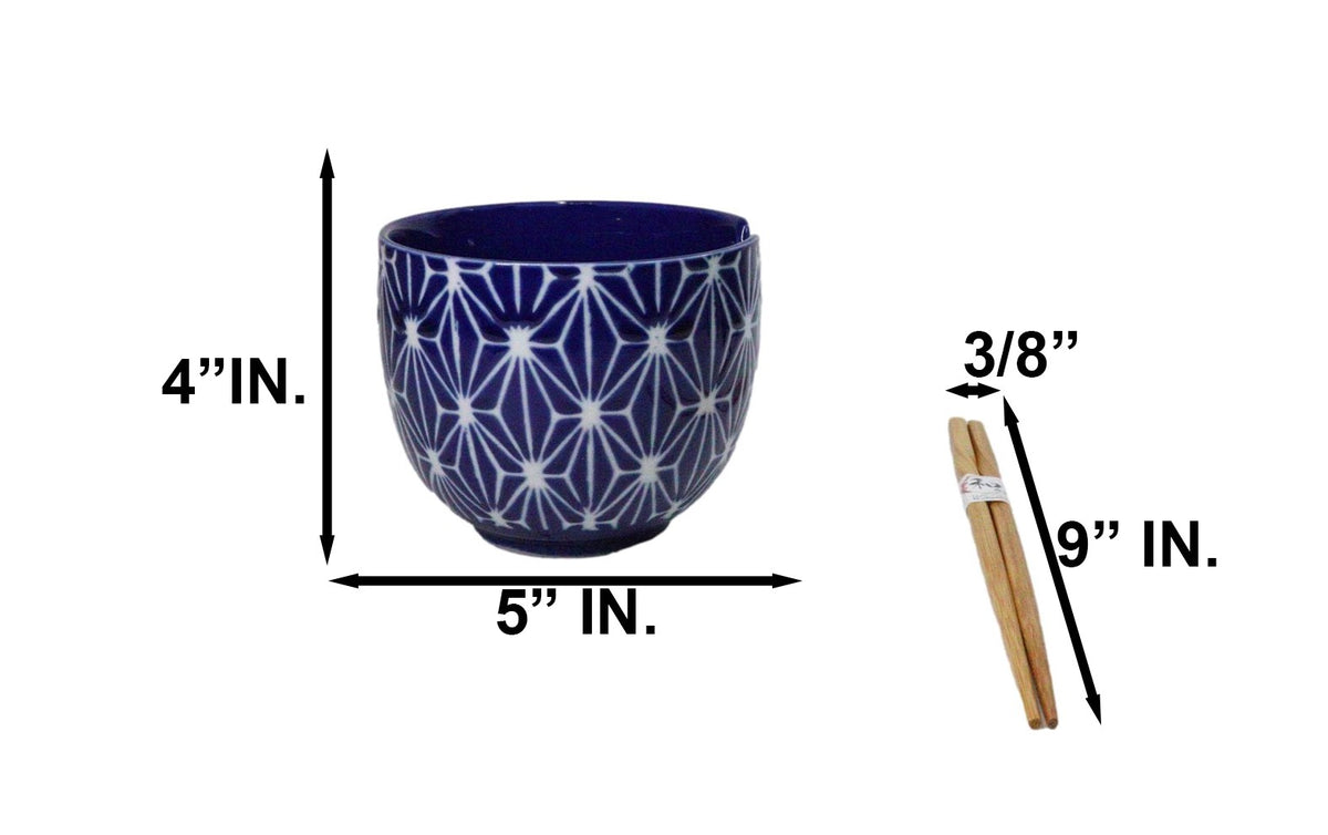 Asanoha Geometric Blue And White Donburi Ramen Soup Bowl With Chopsticks