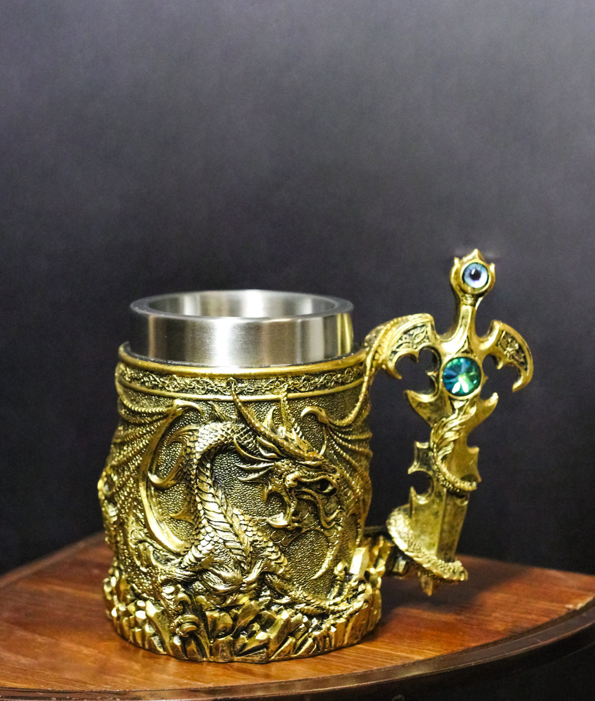 Large Golden Dragon Mug with Jeweled Sword Handle Medieval Fantasy Tankard 20oz