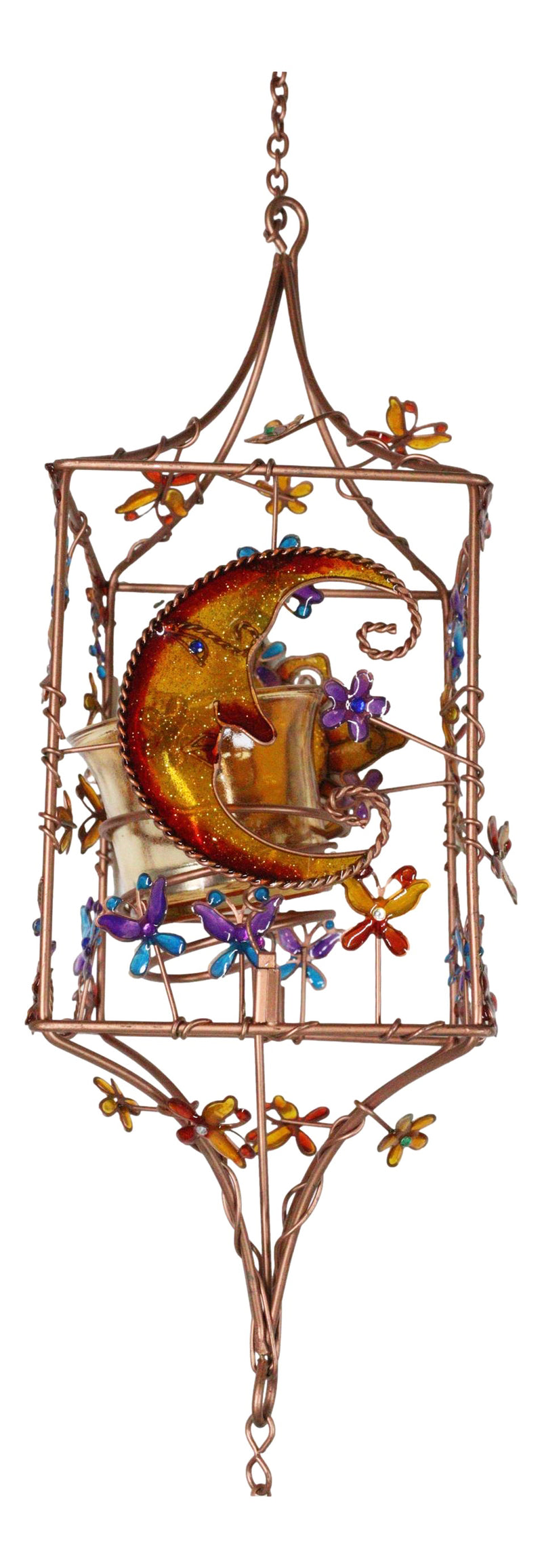 Celestial Sun Moon Christian Cross Art Glass Metal Candle Holder Wind Chime