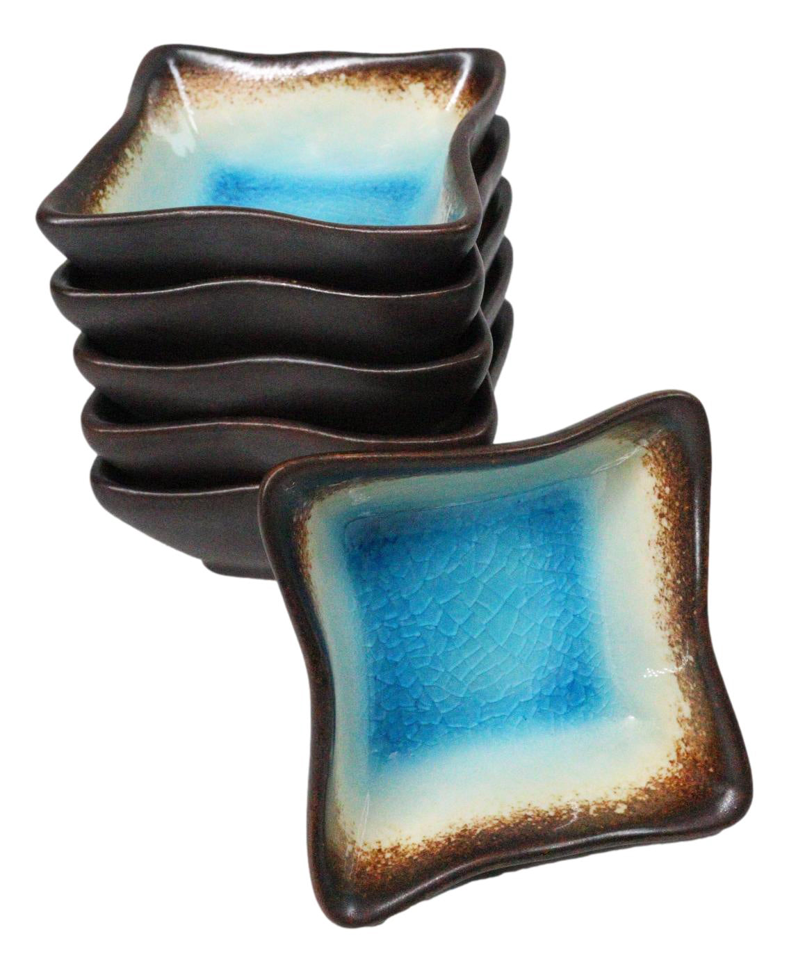 Set Of 6 Blue Sky Aozora Kannyu Ceramic Wavy Square Shaped Sauce Dishes 2.75"