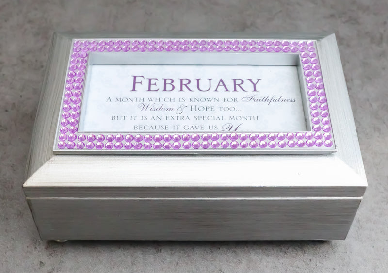 February Birthday Purple Amethyst Birthstones Silver Tone Musical Trinket Box