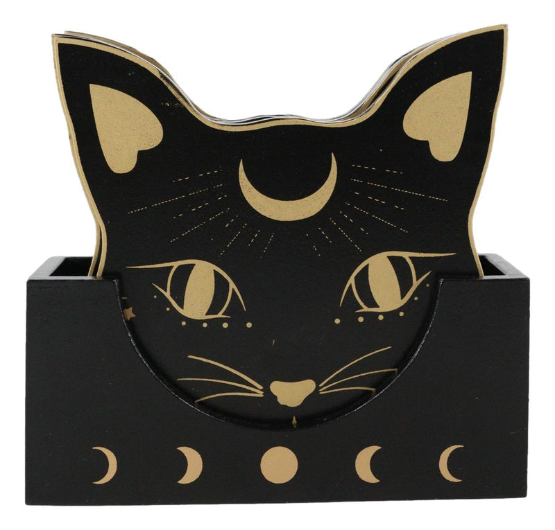 Wiccan Mystic Mog Black Cat Face With Crescent Moon Triple Goddess Coaster Set