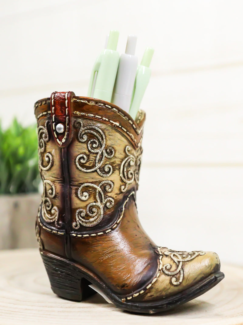 Rustic Western Cowboy Cowgirl Boot Faux Tooled Leather Scrollwork Pen Holder