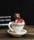 Red Metallic Baby Wyrmling Dragon Bathing In Tea Cup with Saucer Figurine