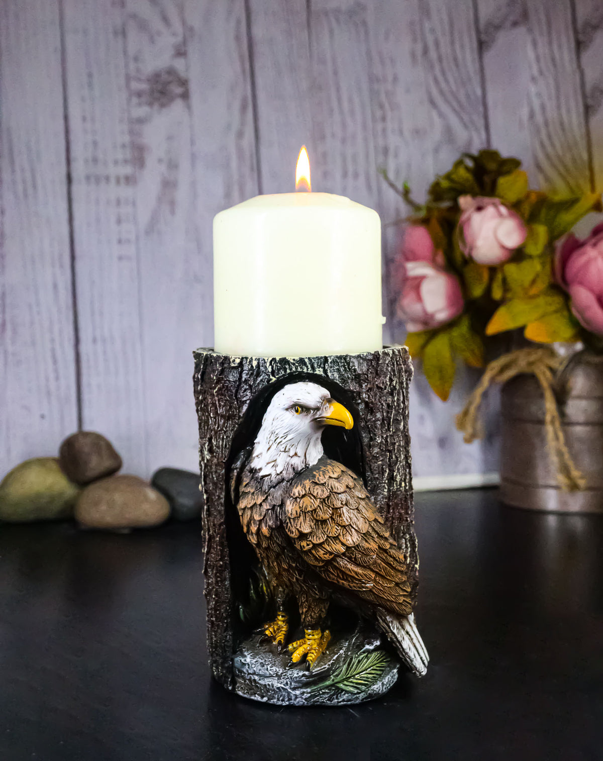 Bald Eagle Pillar Candle Holder Rustic American Eagle Figurine Tree Bark Design