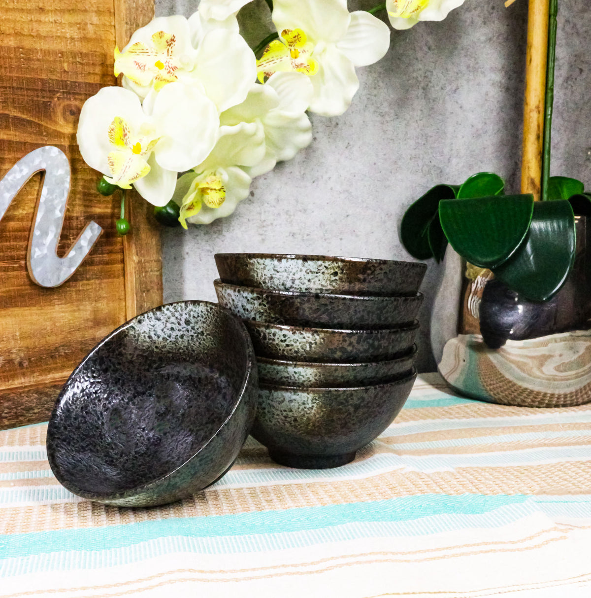 Pack Of 6 Charcoal Grey Hakumu Collection Small Rice Soup Appetizer Bowls 10oz