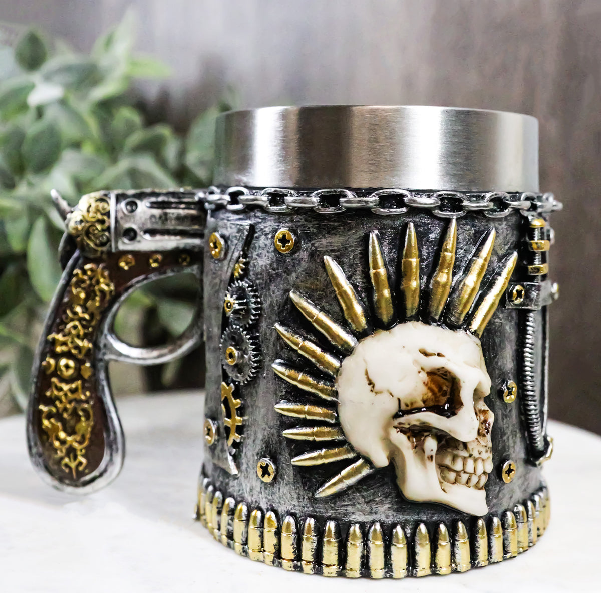 Steampunk Bullets Mohawk Skull War Dog Coffee Mug With Pistol Revolver Handle