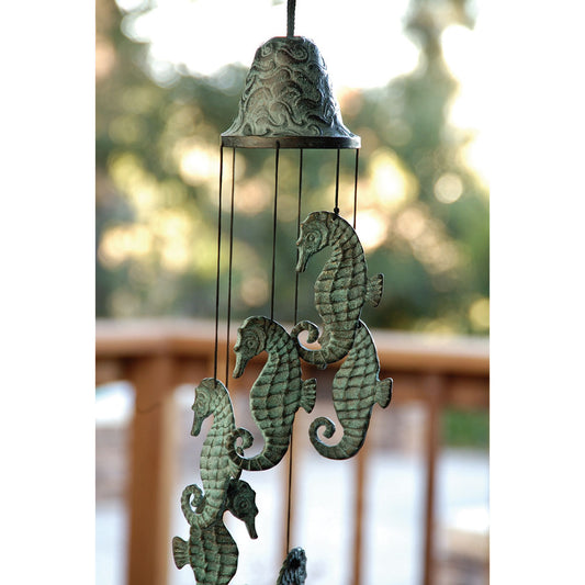 Verdigris Distressed Brass Metal Nautical Bell With Marine Seahorses Wind Chime