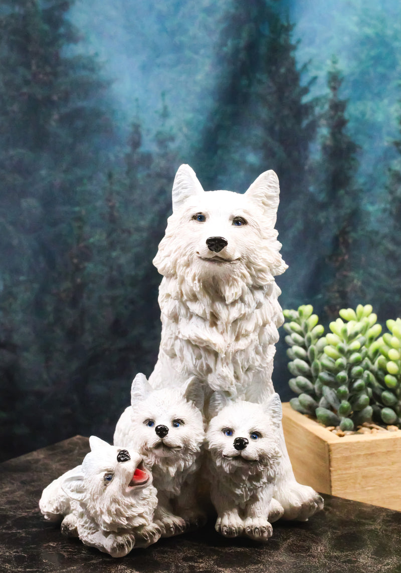 Winter Snow White Wolf Mother Sitting with 3 Adorable Cubs Family Figurine Decor