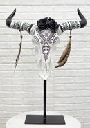 Large Rustic Western Tribal Black Roses Longhorn Cow Skull Desktop Plaque 32"H