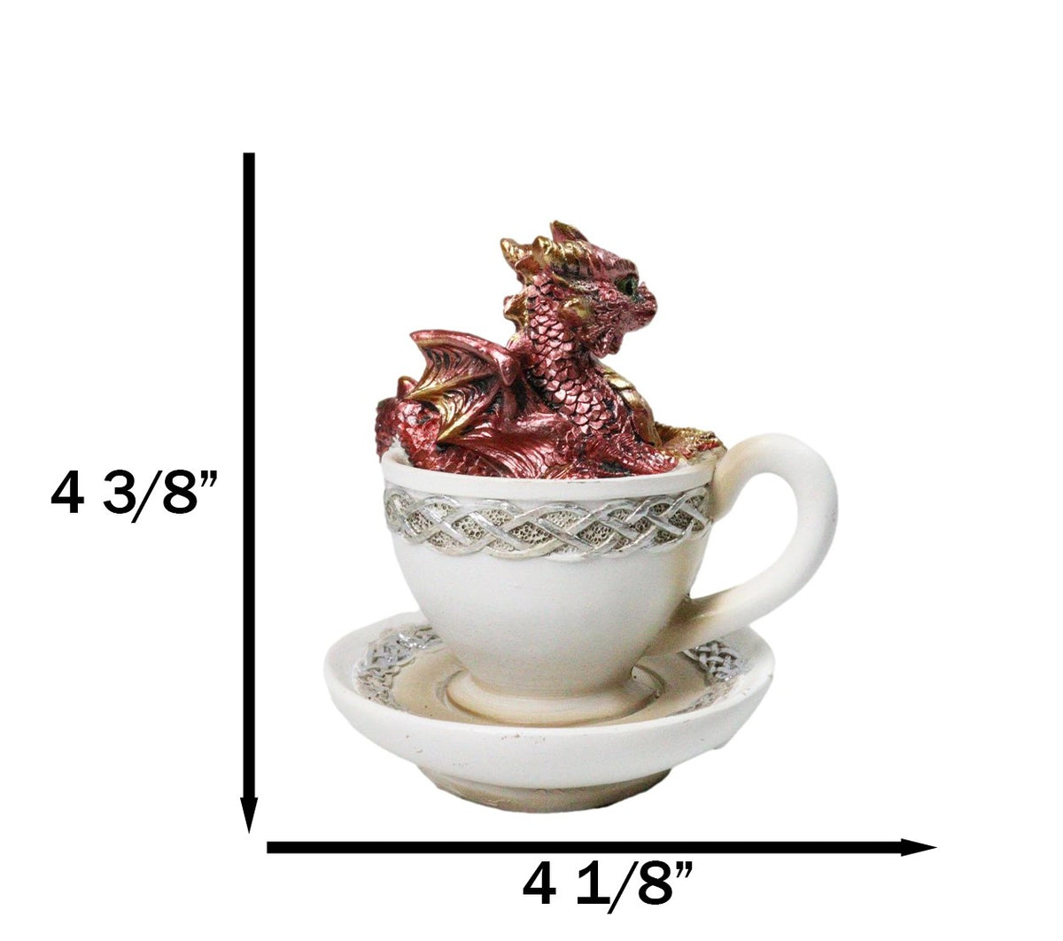 Red Metallic Baby Wyrmling Dragon Bathing In Tea Cup with Saucer Figurine