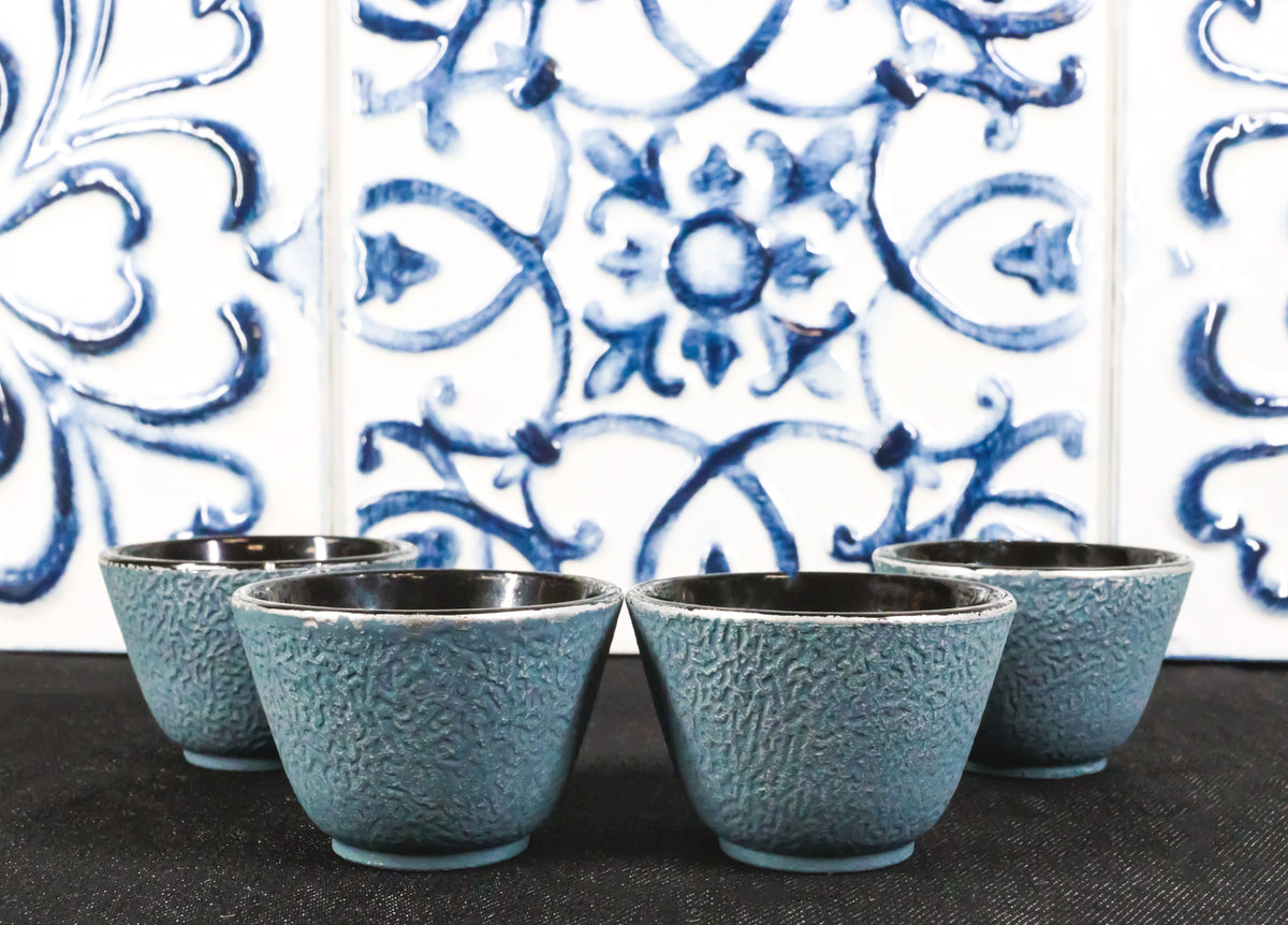 Pack Of 4 Teal Blue With Gold Cast Iron Tetsubin Textured Surface Tea Cups 3oz