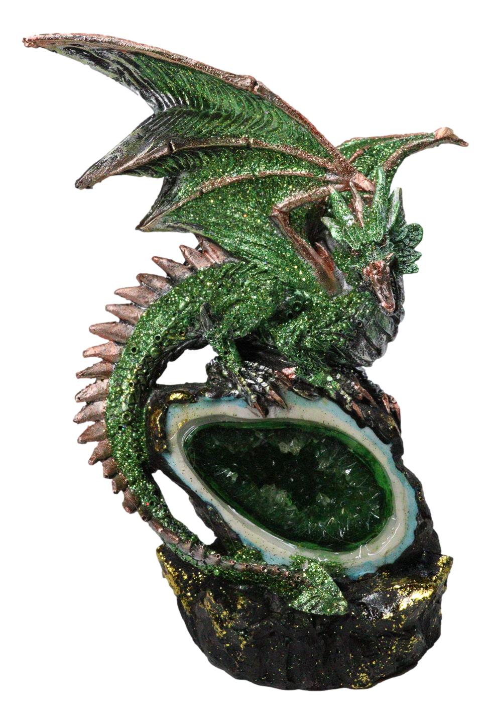 Metallic Green And Gold Dragon Guarding Faux LED Crystal Faux Geode Figurine