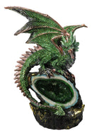 Metallic Green And Gold Dragon Guarding Faux LED Crystal Faux Geode Figurine