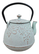 Rustic Mint Green Leaves Design Cast Iron Tetsubin Teapot With Enamel Liner 32oz