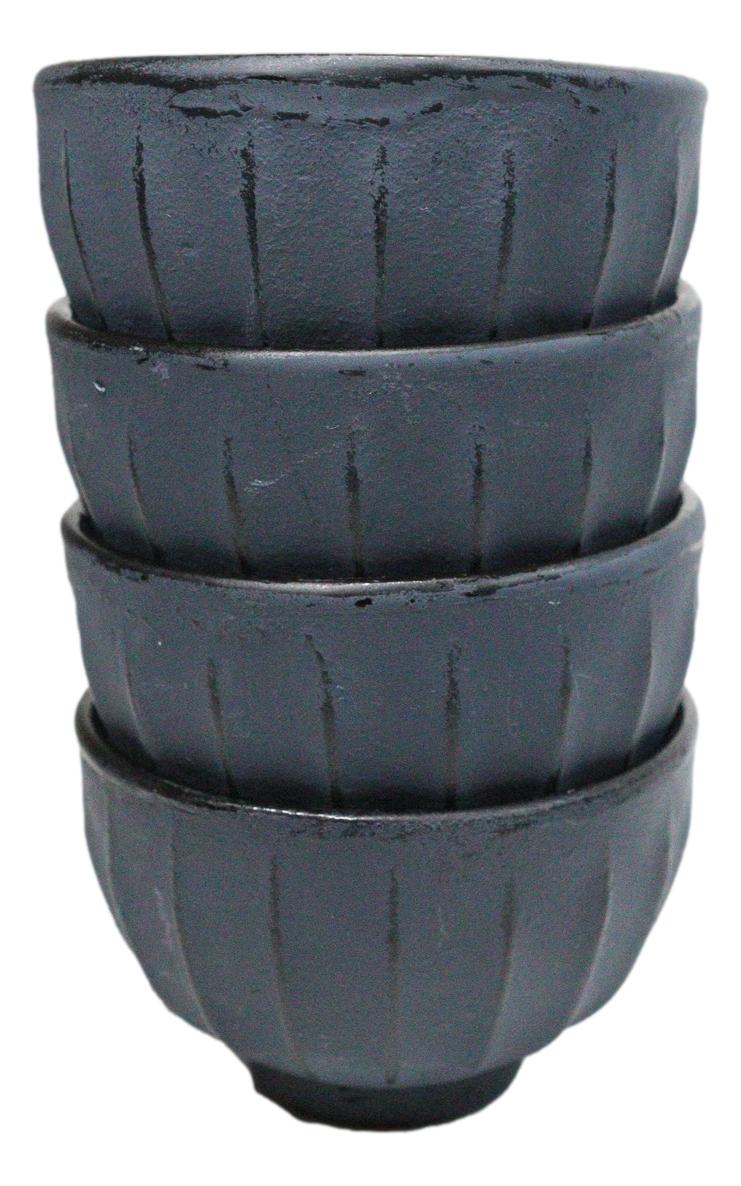 Dark Gray Ridged Lines Japanese Tetsubin Style Cast Iron Tea Cups Set of 4