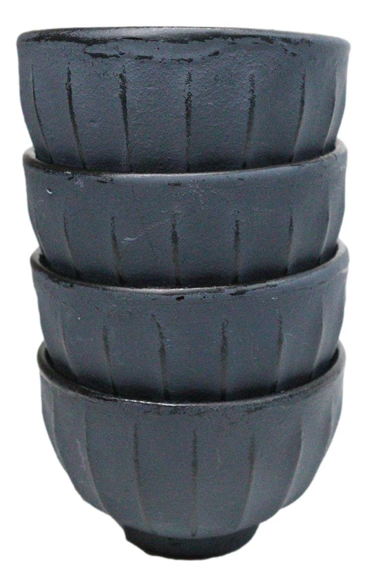 Dark Gray Ridged Lines Japanese Tetsubin Style Cast Iron Tea Cups Set of 4