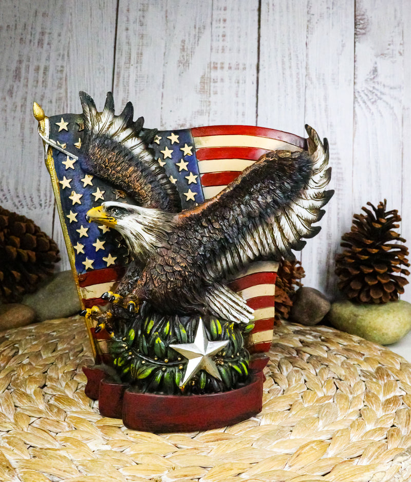 American Bald Eagle With Olive Branch Soaring by US Flag Desktop Figurine
