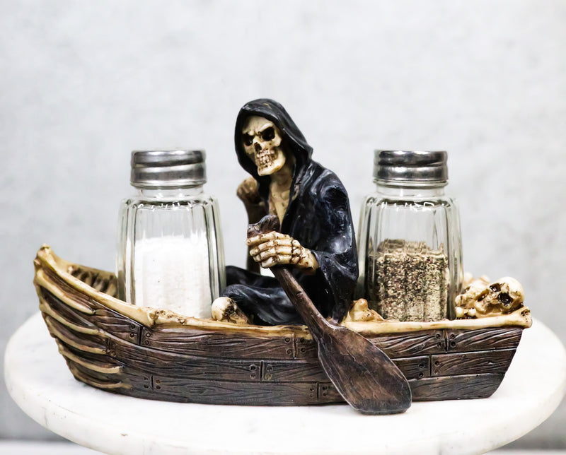 Grim Reaper Charon Skeleton Rowing Boat In River Styx Salt Pepper Shakers Holder