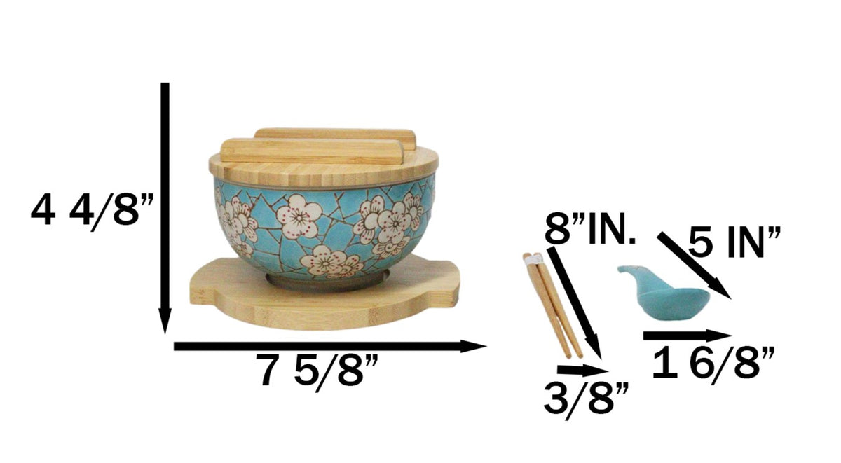 Blue Spring Blossoms Donburi Ramen Bowl With Lid Trivet Spoon Chopsticks Set