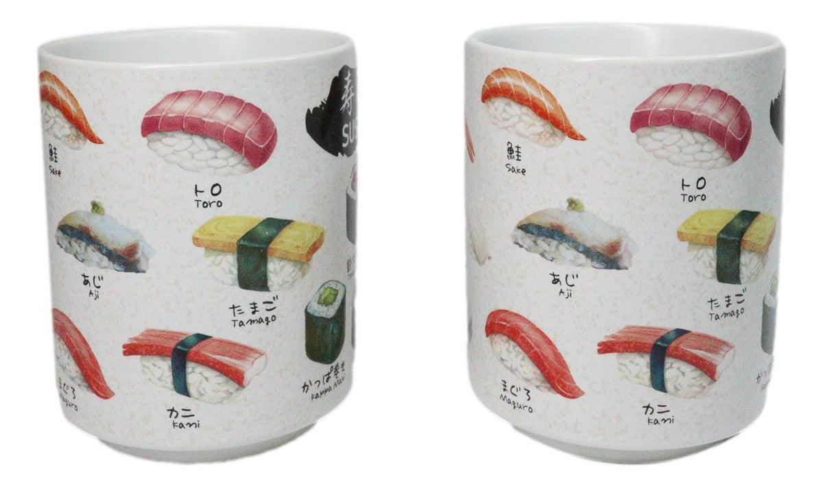 Set Of 2 Japanese Cuisine Sushi Sashimi And Rolls Textured Ceramic Mug Cups 11oz