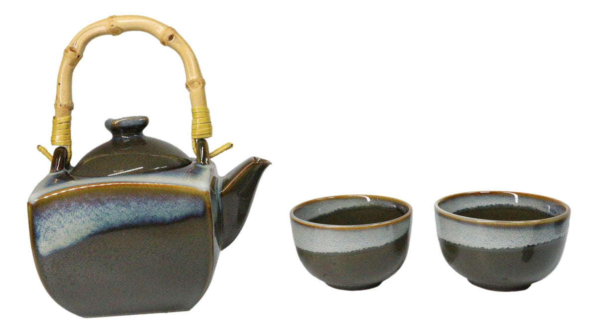 Olive Green White Sands Zen Fusion Reactive Glaze 32oz Teapot And 2 Tea Cups Set