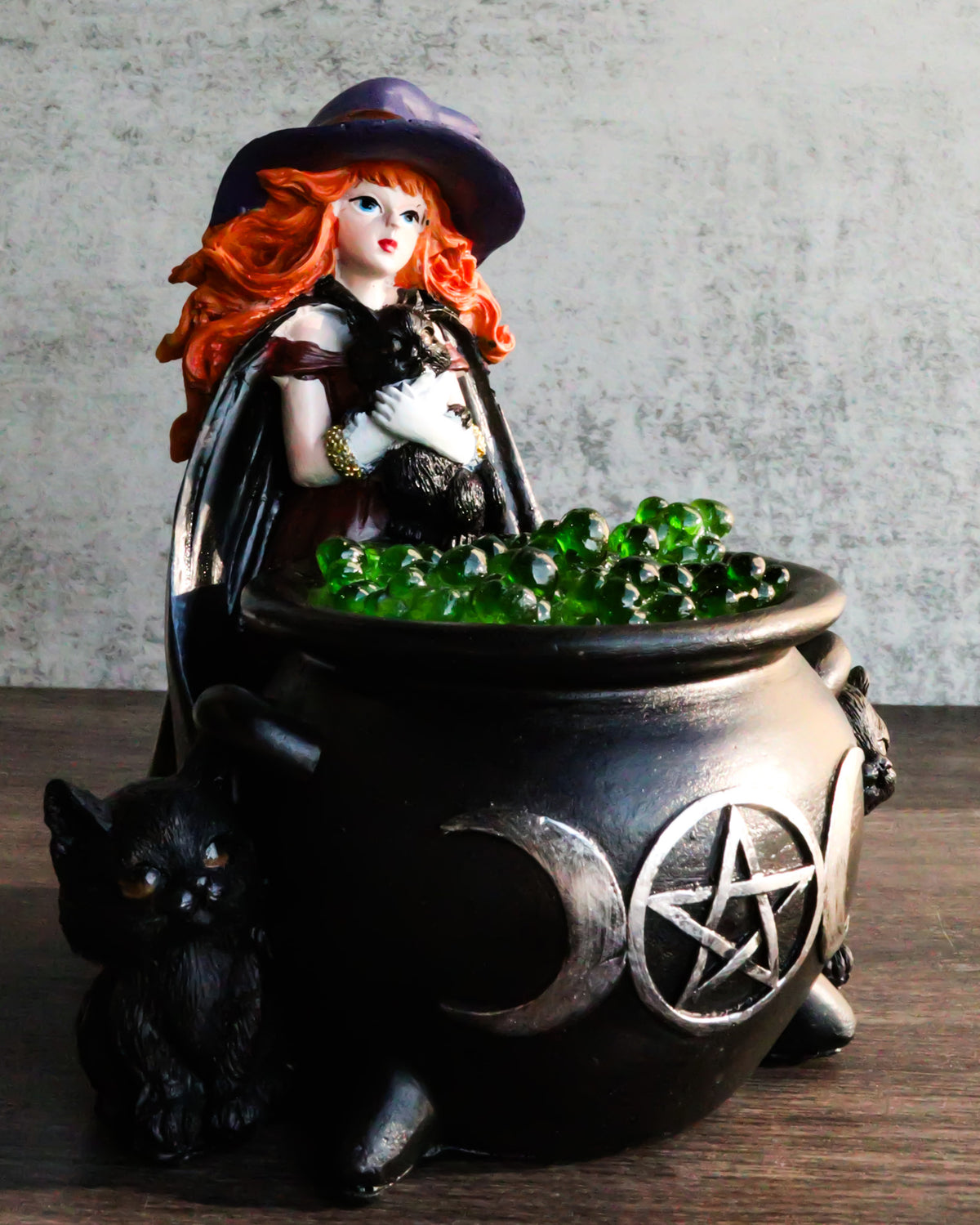 Wiccan Grand Witch Black Cat By LED Potion Bubbles Triple Moon Cauldron Figurine