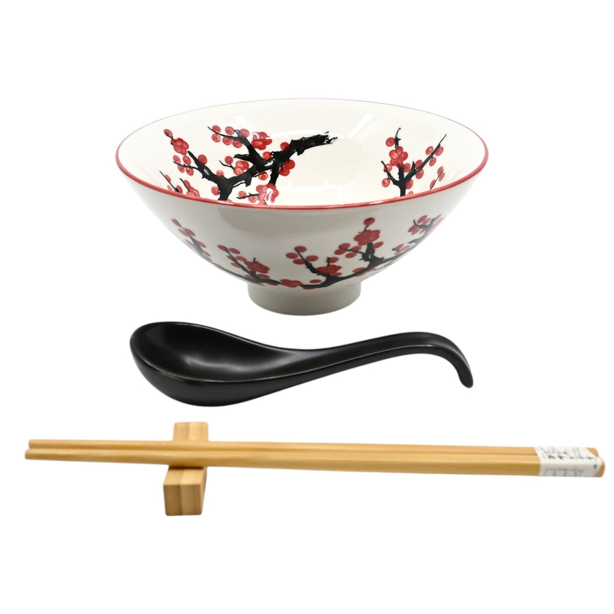 Pink Sakura Ceramic Ramen Rice Bowl With Soup Spoon Chopsticks And Rest Set