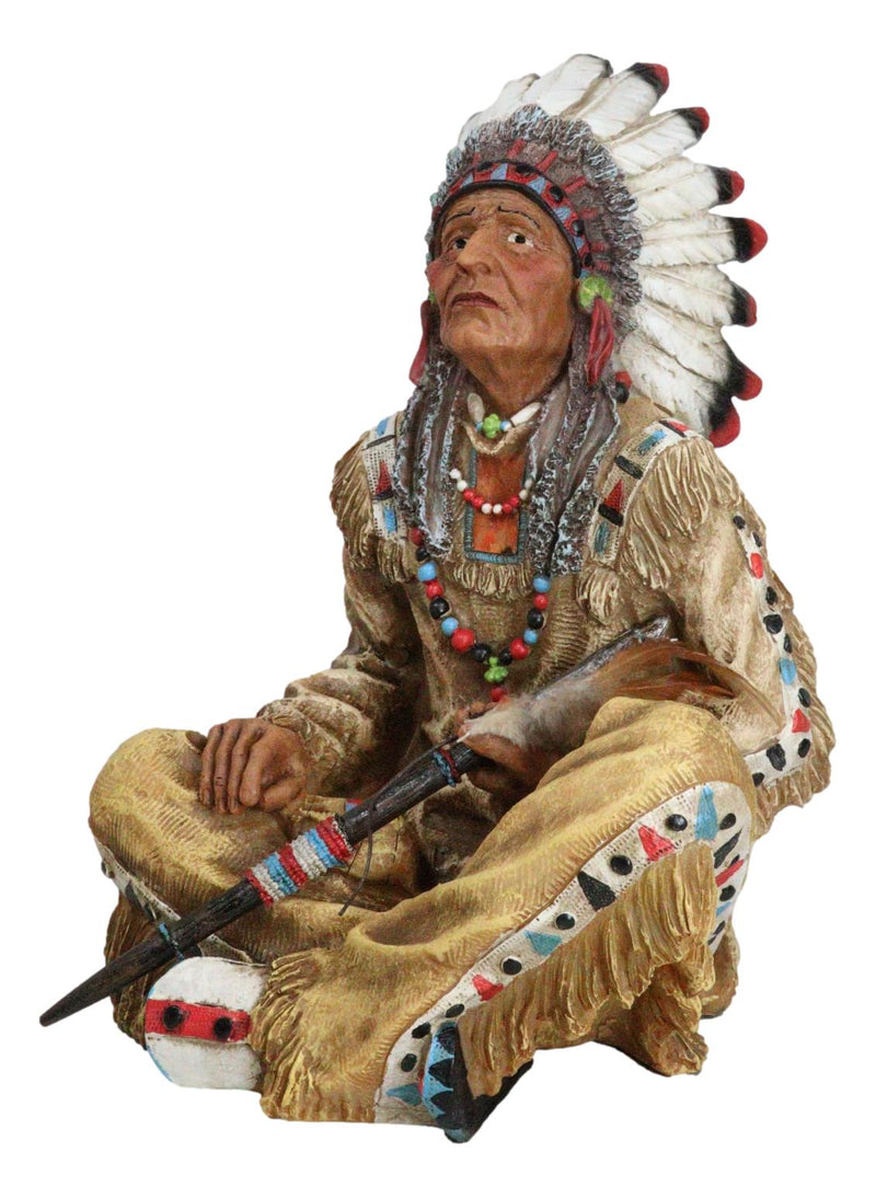 Large Sitting Native Indian Tribal Chief Medicine Man With Peace Pipe Figurine