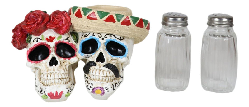 Day Of The Dead Sugar Skulls Roses And Sombrero Hat Salt & Pepper Shakers Holder