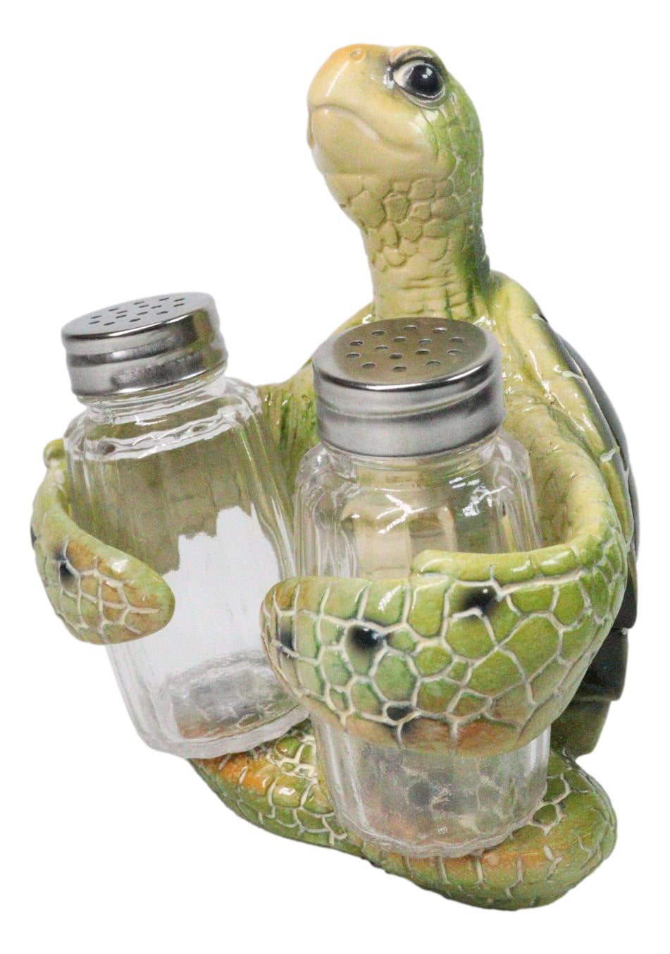 Marine Green Shell Sea Turtle Hugging Glass Salt Pepper Shakers Holder Figurine