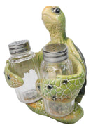 Marine Green Shell Sea Turtle Hugging Glass Salt Pepper Shakers Holder Figurine