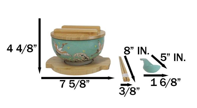 Turquoise Japanese Crane Donburi Ramen Bowl With Lid Trivet Spoon Chopsticks Set