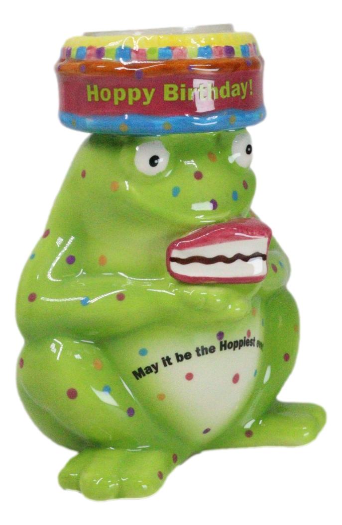 Whimsical Party Happy Birthday Green Frog Ceramic Tea Light Votive Candle Holder