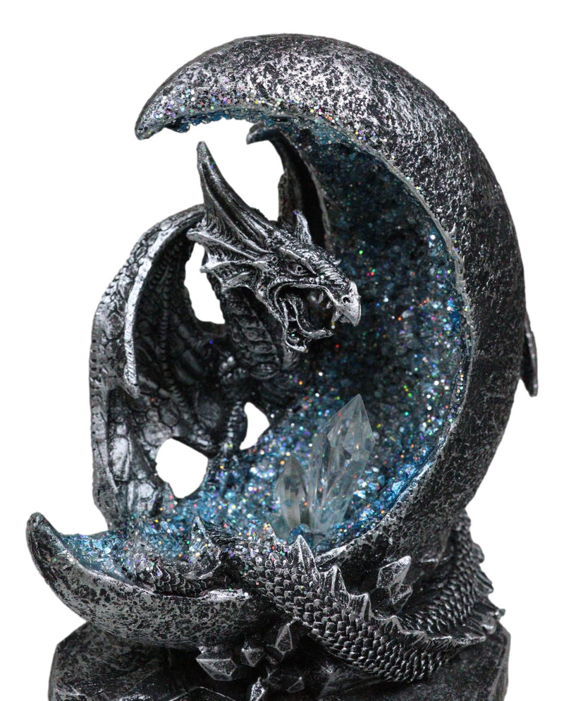 Gothic Dragon Guarding Crescent Moon with Faux Geode LED Crystals Figurine