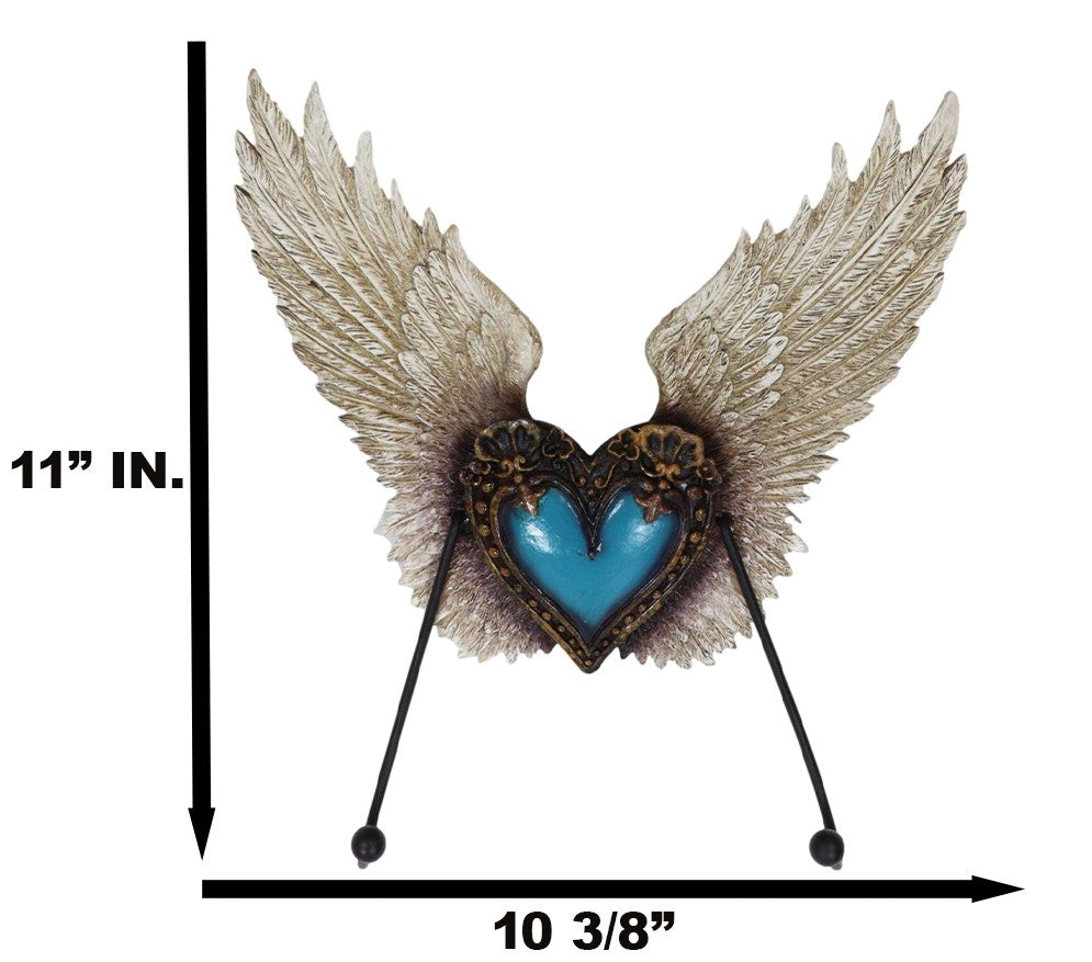 Rustic Western Turquoise Heart Le Fleur Angel Wings Wall Double Hooks Sculpture - Ebros Gift