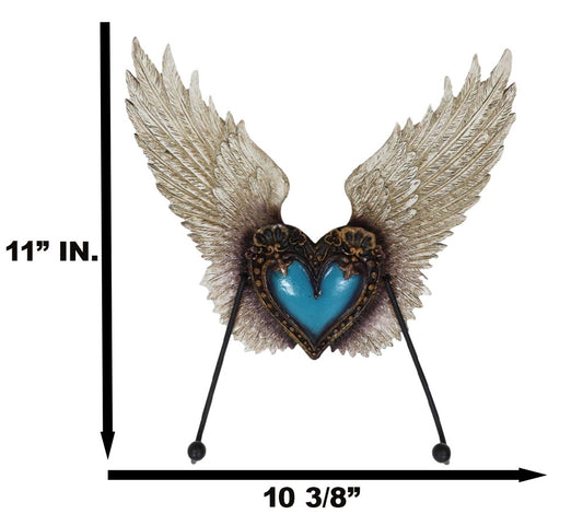 Rustic Western Turquoise Heart Le Fleur Angel Wings Wall Double Hooks Sculpture - Ebros Gift