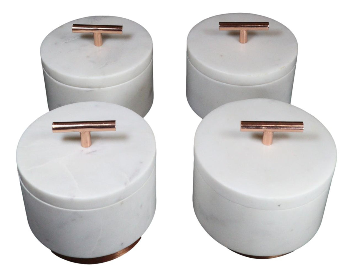 Set Of 4 Marble And Copper Hardware Round Canister Container Storage Jars W/ Lid