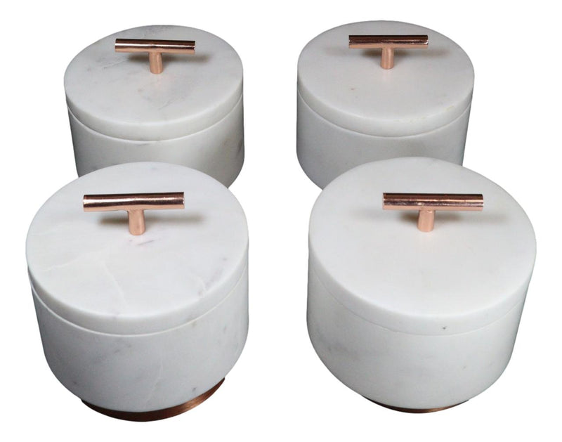 Set Of 4 Marble And Copper Hardware Round Canister Container Storage Jars W/ Lid