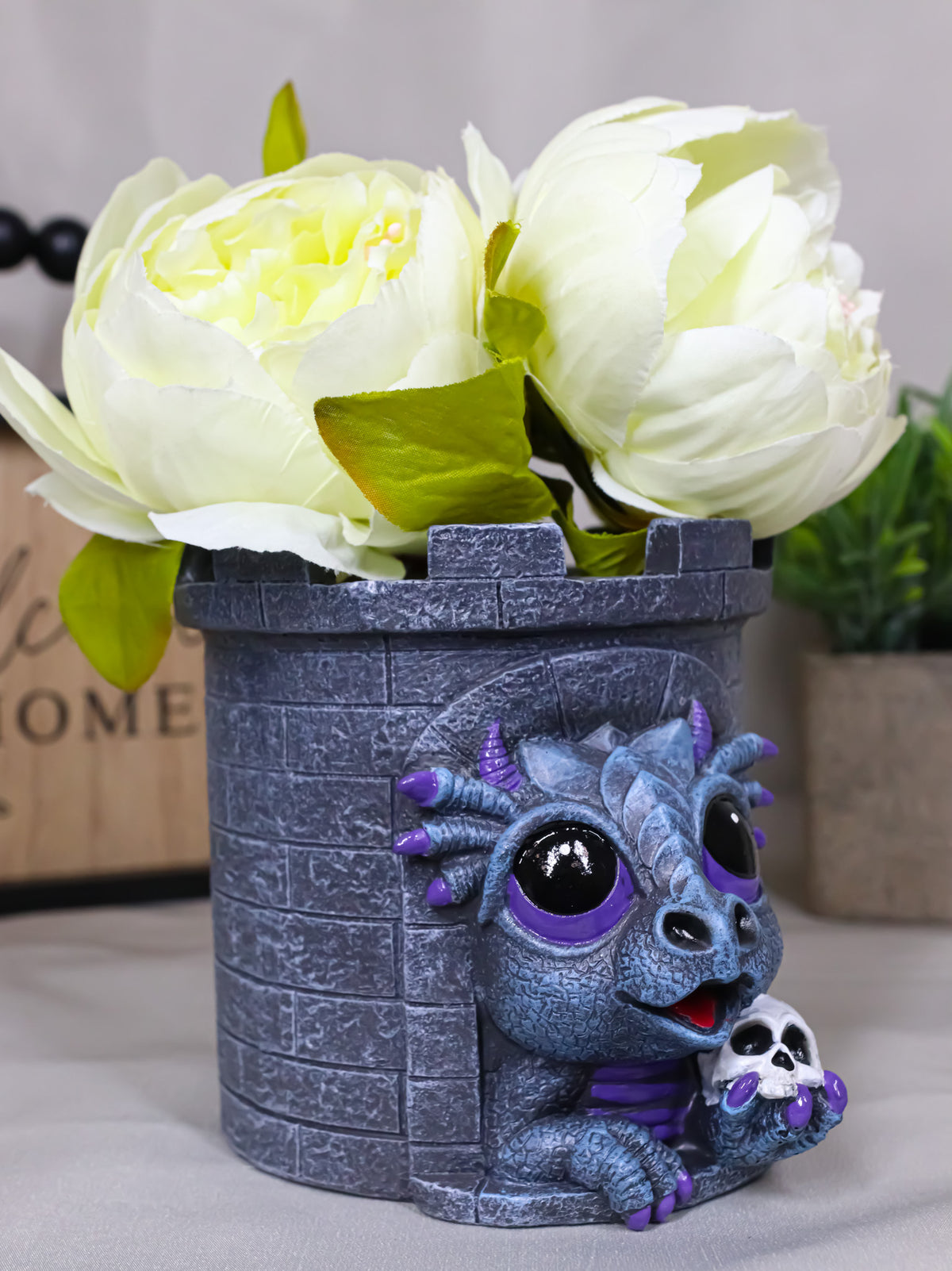 Fantasy Baby Dragon Wyrmling Holding Skull In Castle Tower Stationery Pen Holder