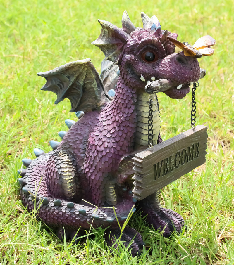 Whimsical Purple Garden Dragon With Butterfly Biting Welcome Plank Sign Figurine