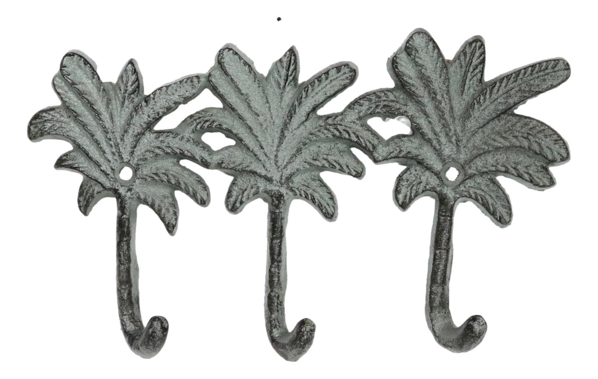 Pack Of 2 Cast Iron Verdigris Beach Coconut Palm Trees Triple Wall Key Hooks - Ebros Gift