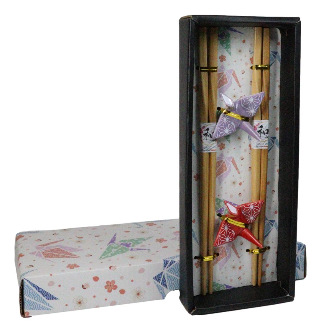 Red And Purple Origami Cranes Set of 2 Wooden Chopsticks And Ceramic Rests Set