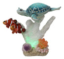 Blue Sea Turtle Swimming with 2 Clownfishes By LED Coral Reef Anemone Figurine